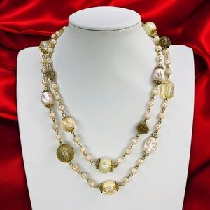 Treska Chunky 2 Strands Necklace Beads Faux Pearls Gold Tone Filigree Statement